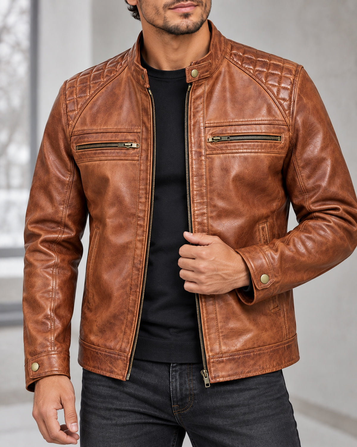 Delorne Mercer lambskin jacket — open layering