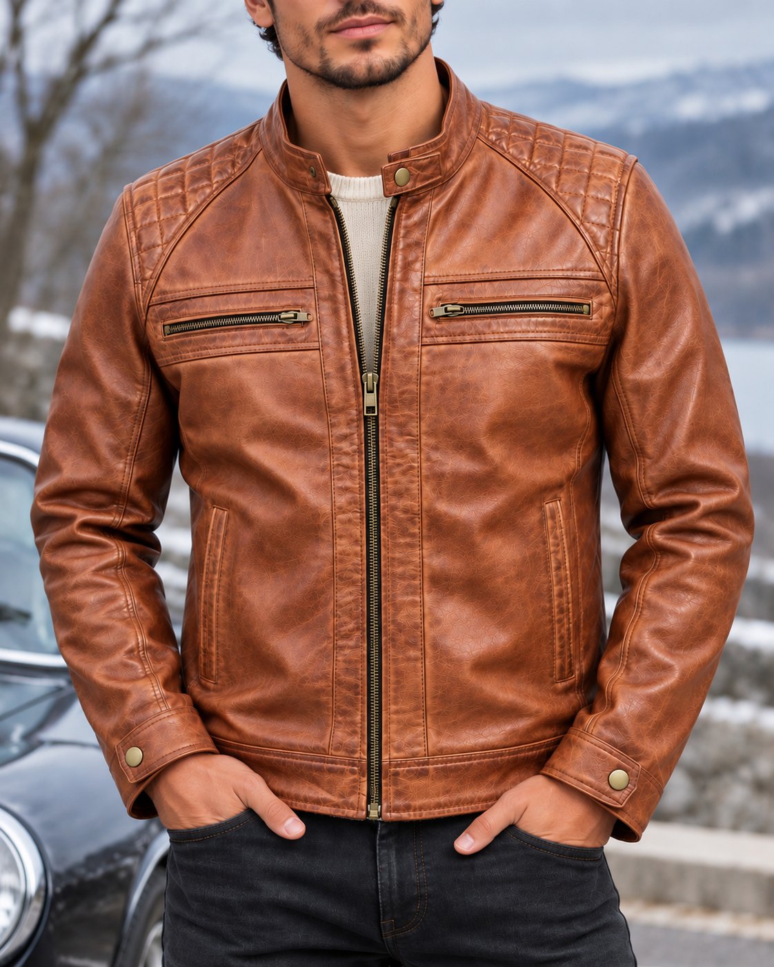 Mercer cognac lambskin racer jacket in winter, partially zipped with a single front slider