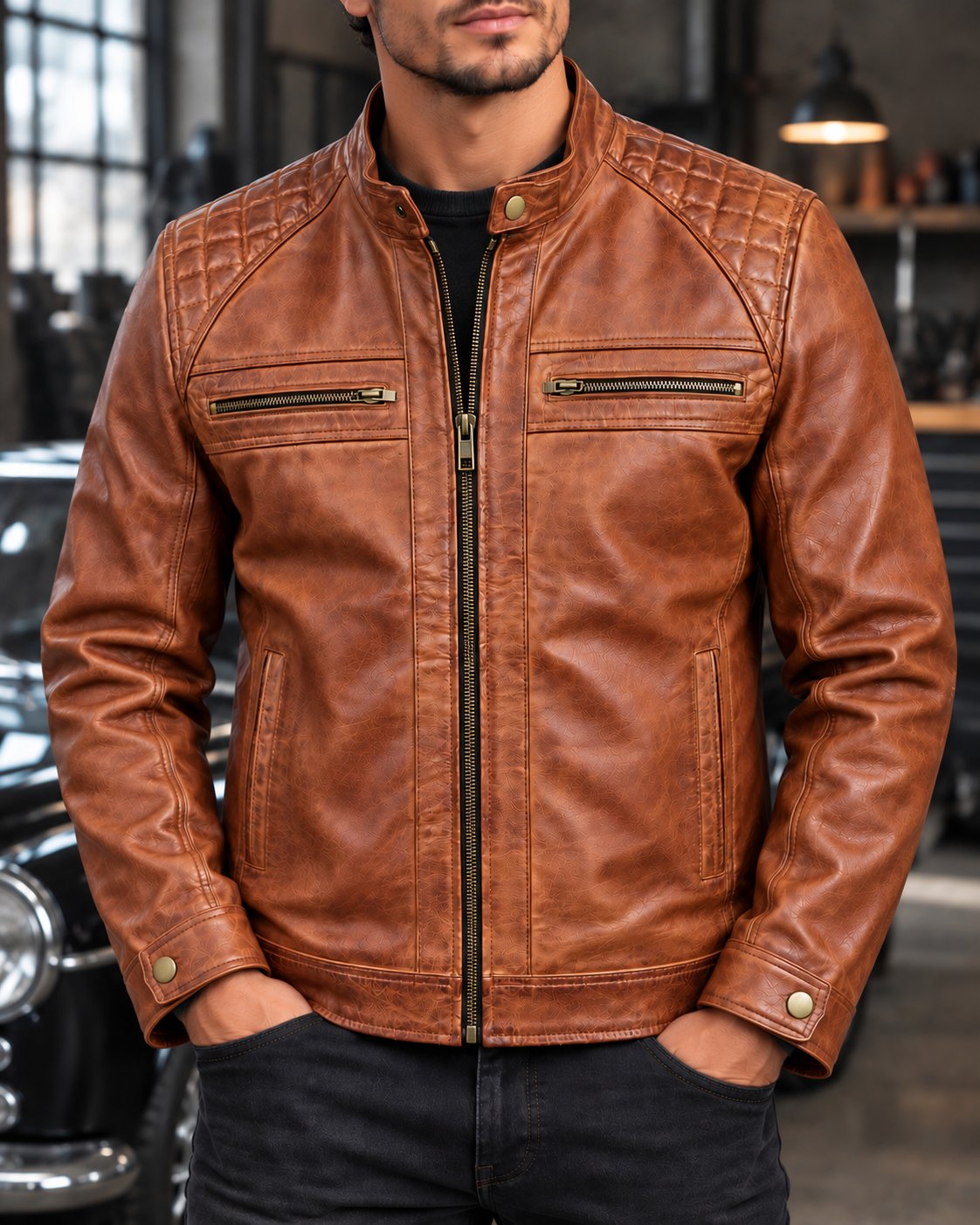 Mercer cognac lambskin racer jacket in a close indoor view, partially zipped with a single front slider