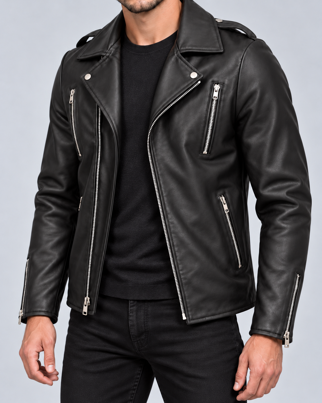Onyx black lambskin biker jacket unzipped in a close three-quarter view