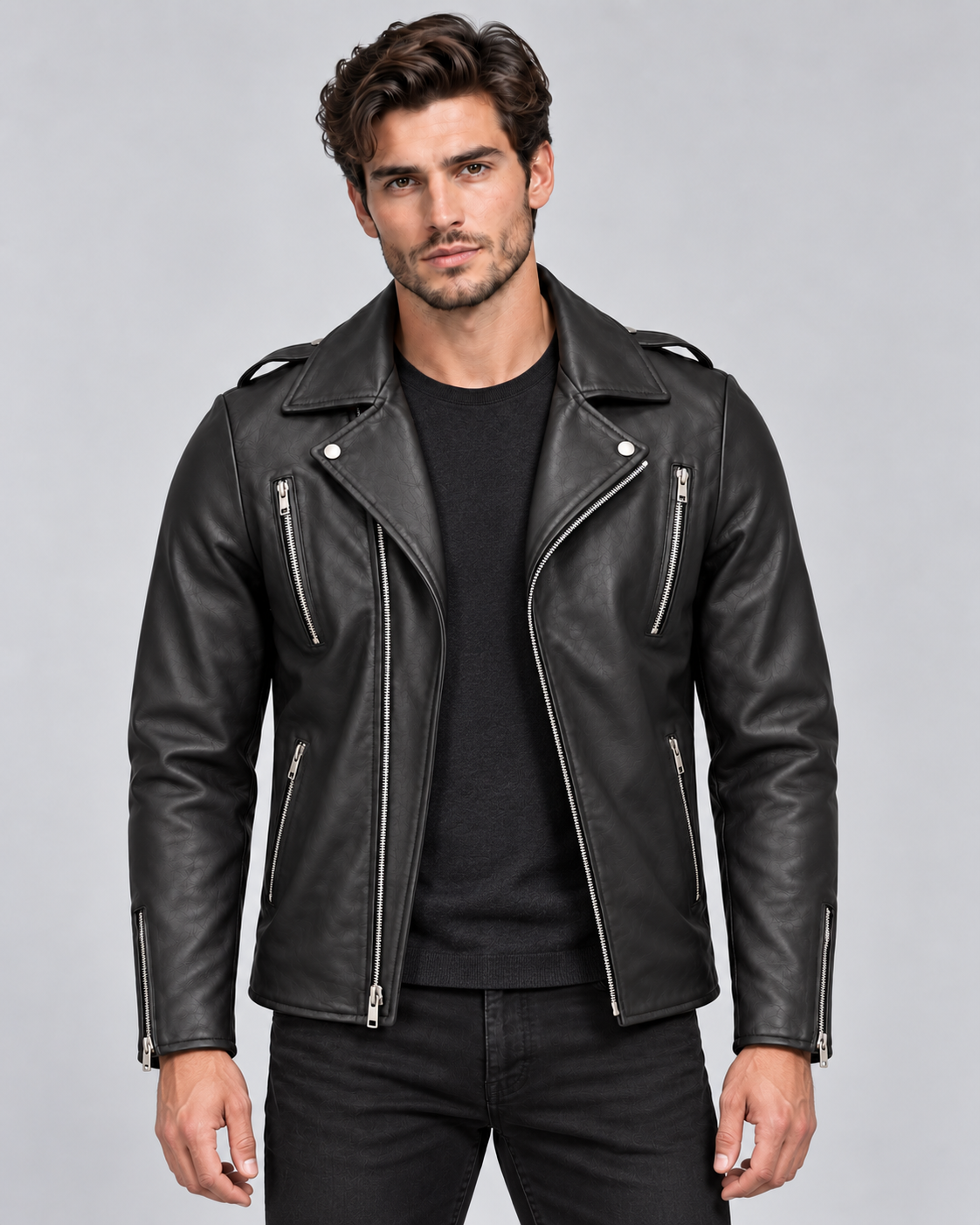 Delorne Onyx black lambskin biker jacket, fully unzipped straight-on view — generated product visualization